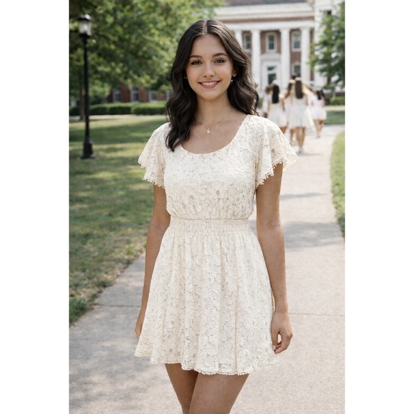 White Lace Mini Dress Spring Rush Coquette Cottagecore Size Small Cream Tone - Picture 2 of 14